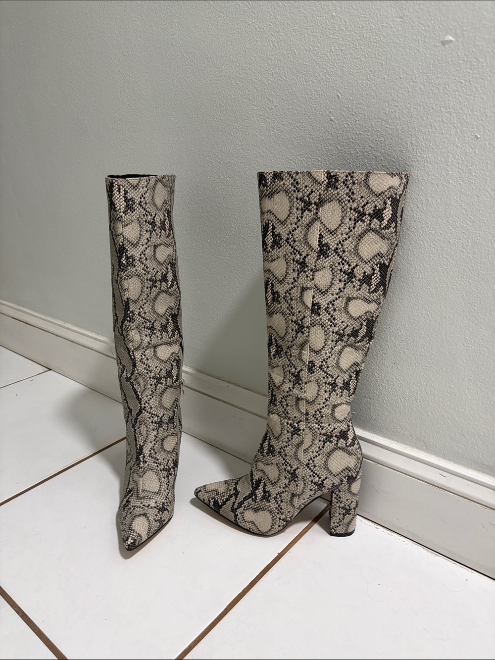 Fashion Nova Snake-Print Over-the-Knee Pointed Toe Boots - Beige Black